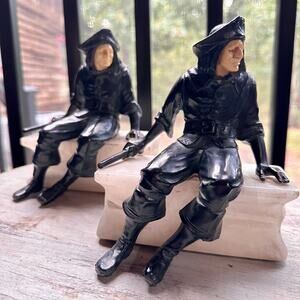 1930s J. B. Hirsch Pirate Bookends Seated on White Onyx/Marble Bases
